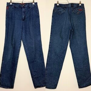 VINTAGE FERRARI Pleated Straight Leg Racing Embroidered Logo Rigid Denim Jeans